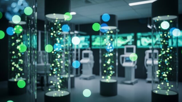 Futuristic laboratory with glowing DNA helix displays and advanced medical equipment - Powered by Adobe