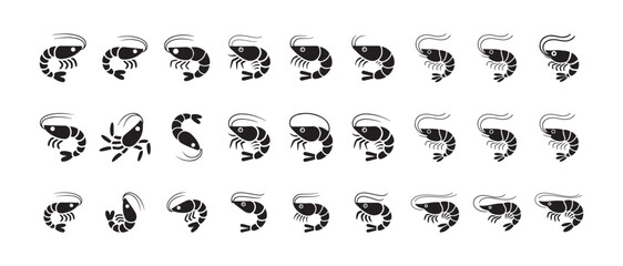 Fototapeta premium Different views of stylized shrimp icons presenting various natural swimming and curling positions