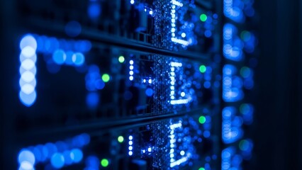 Server rack with blue and green blinking lights in a modern data center environment