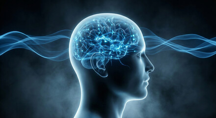 Brain activity is shown with waves around the head structure.