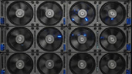 Server room cooling fans in action with blue LED lights in a data center