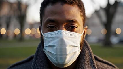 A serious young African American man wearing a protective medical face mask outdoors looking directly at the camera with a thoughtful expression emphasizing public health and safety measures during a.