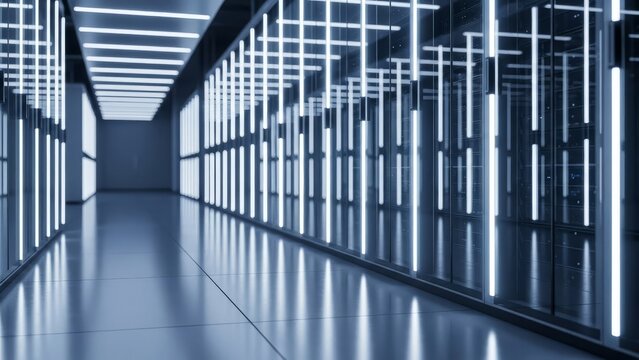 Server room corridor with glowing racks and reflective floor - Powered by Adobe