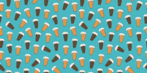 Beer in a glass. Seamless pattern. Line art. Alcoholic drink, glass goblet. Vector illustration, repeating background.
