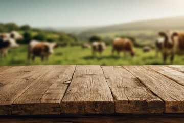 Rustic wooden table top outdoors against a serene backdrop of grazing cows on a sunny day in the countryside