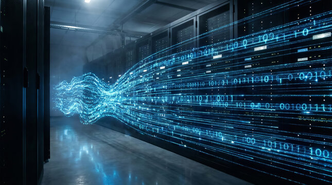 A man observes digital data flow in a server room. - Powered by Adobe
