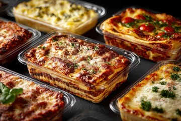 Assorted Italian takeout lasagna variations ready for a delicious meal delivery or family dinner gathering