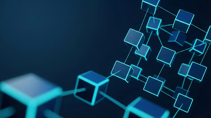 Floating geometric shapes form a structure in a dark setting.