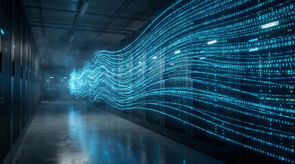 Man works in a data center with blockchain data visualized.