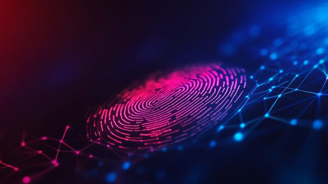 Glowing Blue and Magenta Digital Fingerprint with Cybersecurity Network Nodes and Data Flow - Powered by Adobe