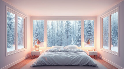 Large window fills the modern bedroom with winter light. Peaceful living during cold days.