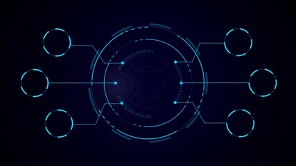 Futuristic circular HUD interface with connected nodes and digital network layout. High-tech radial UI design for data flow and system visualization. - Powered by Adobe