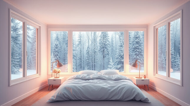 Large window fills the modern bedroom with winter light. Peaceful living during cold days.