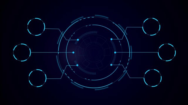 Futuristic circular HUD interface with connected nodes and digital network layout. High-tech radial UI design for data flow and system visualization.