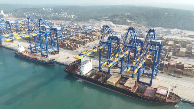 Aerial drone view container port logistics hub for global trade and shipping industry