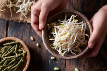 Hands holding a bowl of fresh mung bean sprouts. Healthy eating and vegetarian food concept. Top view on a rustic wooden background
