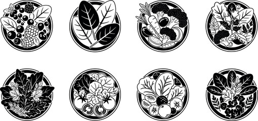 Set of eight black and white circular vector icons featuring healthy organic salads fresh vegetables leafy greens and berry bowls © MD Anas