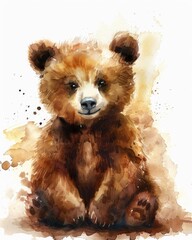 A watercolor baby bear sitting with a gentle smile, soft brown and beige tones.