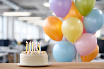 Birthday cake with lit candles and colorful balloons on a wooden table. Corporate office party celebration background. Copy space