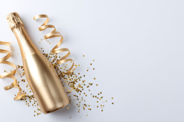 Gold champagne bottle with confetti stars and streamers on white background. Flat lay celebration concept for New Year or Christmas party. Copy space for text