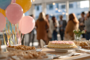 Cake and snacks on a table at a corporate office party. Blurred background of people celebrating a team achievement