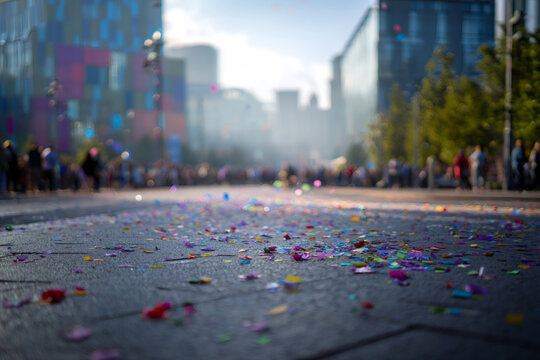 Colorful confetti scattered on the street ground. Low angle view of urban city road with blurred crowd and buildings. Celebration parade or festival concept