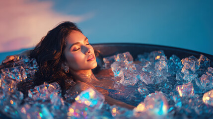 A young woman with natural curly hair sits in an ice bath. Cold therapy and mental strength.