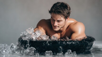 A young man with short dark hair sits in an ice bath. Cold therapy and mental resilience.