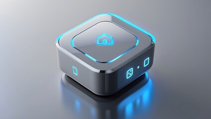 Futuristic silver smart home hub with glowing blue house icon