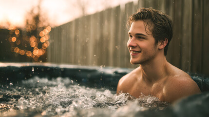 Man in his late 20s immersed in cold water. Discipline and wellness recovery.
