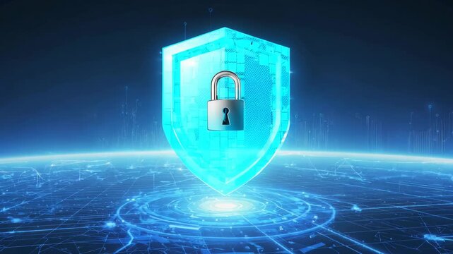 Glowing Digital Shield with Padlock Above Futuristic Grid, data protection concept