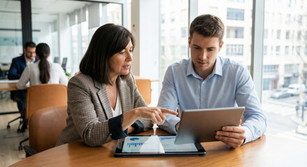 Man and woman collaborate at table with tablet in busy office space.
