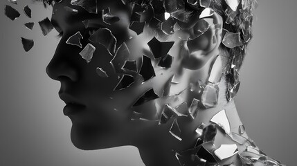 floating shards of mirror reflecting different emotions of the same person, fragmented mind symbolism, 