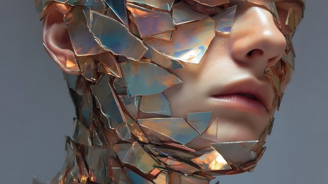floating shards of mirror reflecting different emotions of the same person, fragmented mind symbolism, 