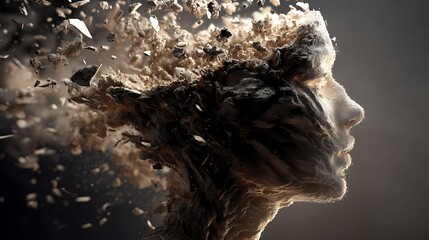 a hollow human head filled with swirling dust and floating fragments, inner chaos visualization, 