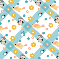 Pattern con graziosi uccellini e fiori colorati, illustrazione per infanzia