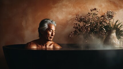 Elderly male sits in a cold plunge with composed focus. Healing, recovery and clarity.