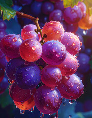Macro shot of a bunch of fresh, ripe purple and pink grapes covered in glistening water droplets in a vineyard.