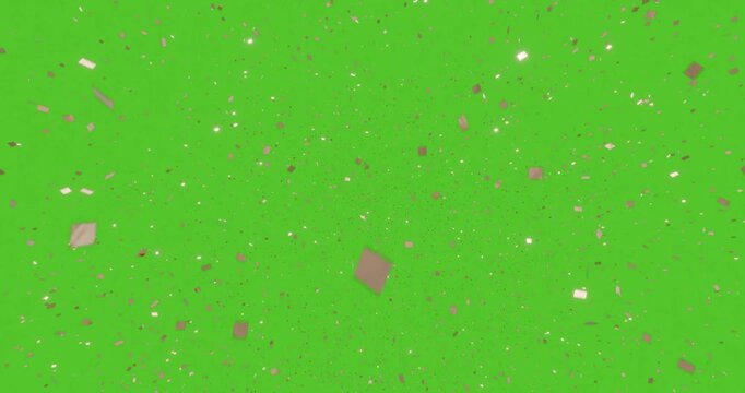 Gold Square Confetti Floating and Falling on Green Screen, Evenly Distributed Metallic Particles, 4K 60fps Chroma Key Background Effect. Looped Viedo