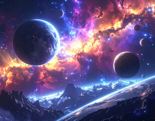 Cinematic view of multiple planets orbiting a glowing nebula in a distant galaxy with asteroids and brilliant star clusters.