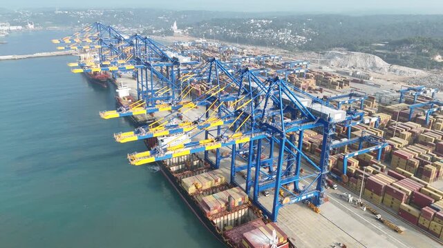 Aerial View Of Container Port With Cargo Cranes And Ships In India