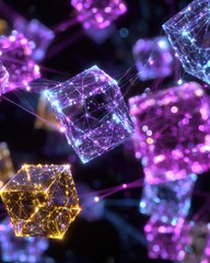 Abstract blockchain structure with luminous cubes and holographic highlights. Innovation, fintech, and modern digital security.