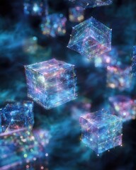 Close-up view of blockchain cubes linked with glowing neon lines. Digital pulses move through the network showing futuristic data flow.