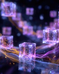 Close-up view of blockchain cubes linked with glowing neon lines. Digital pulses move through the network showing futuristic data flow.