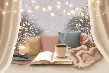 Magical winter vector collection with snow outside the window. Soft glowing light and gentle snowfall suggest serene hygge moments.