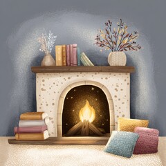 Hand-drawn winter interior element featuring books and a fireplace. Serene atmosphere.