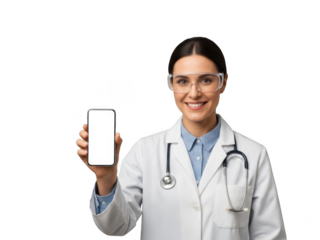 Smiling doctor holding smartphone isolated on transparent background