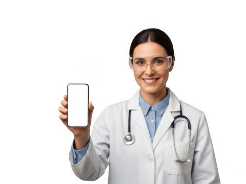 Smiling doctor holding smartphone isolated on transparent background - Powered by Adobe