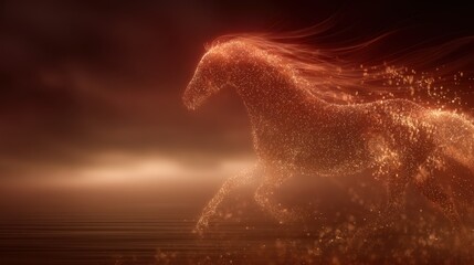 Glossy metallic horse posed in fast stride against luminous trails. Perfect for themes of progress and forward force.