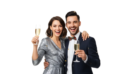 A happy couple celebrating a special occasion with champagne on transparent background
